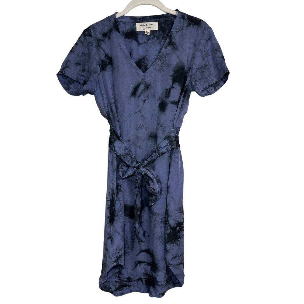 Cloth & Stone Anthropologie Dress Size XS Blue Tie Dye Short Sleeve Waist Tie